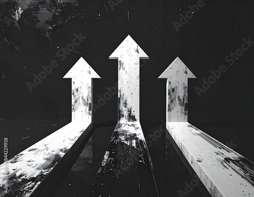 Three white arrows pointing upwards on a textured dark background, symbolizing progress