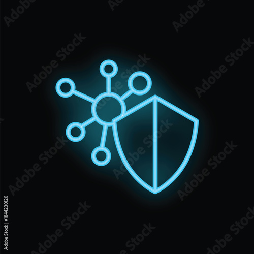 Blue neon icon of a shield protecting a network from a virus cyberattack