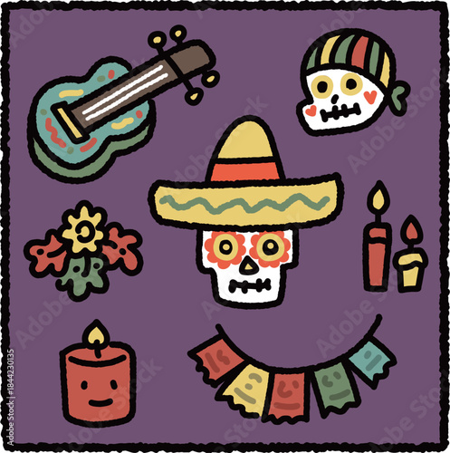 Cute Día de los Muertos Illustration with Sugar Skulls, Sombrero, Guitar, Candles, Marigold Flowers and Papel Picado Decorations – Hand Drawn Cultural Artwork