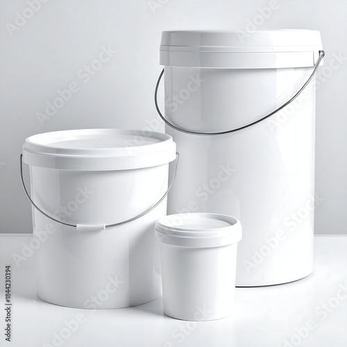 Three white plastic buckets, various sizes, lids and handles, on a bright background