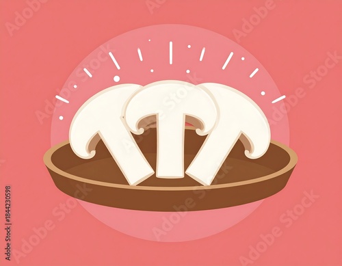 Three white sliced mushrooms arranged on a brown plate against a rose-colored background
