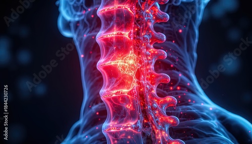 Stunning spinal cord nerves and skeleton illustration for medical research or healthcare marketing, vibrant red and blue anatomy with intricate details