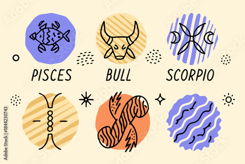 Zodiac signs illustration pisces bull scorpio and other astrological symbols