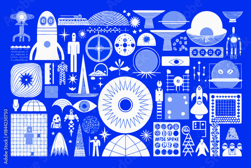A retro space age illustration featuring various spacecraft and related imagery