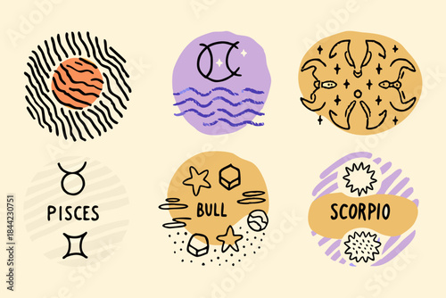 Colorful zodiac signs illustration with whimsical designs and astrological symbols