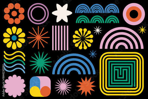 A vibrant collection of abstract geometric shapes and floral designs on black