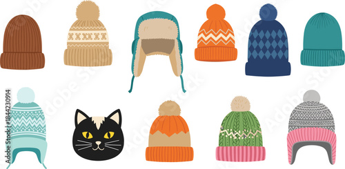 Cute winter hat illustration set with knitted beanies and earflap caps, cozy cartoon vector collection for cold weather fashion, kids accessories and seasonal design