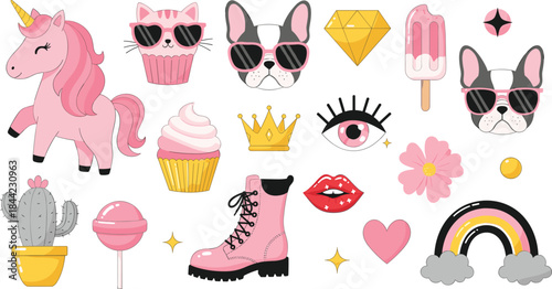 Cute girly doodle illustration set with unicorn, cupcakes, fashion accessories and trendy icons, playful pastel vector collection for stickers, kids and lifestyle design