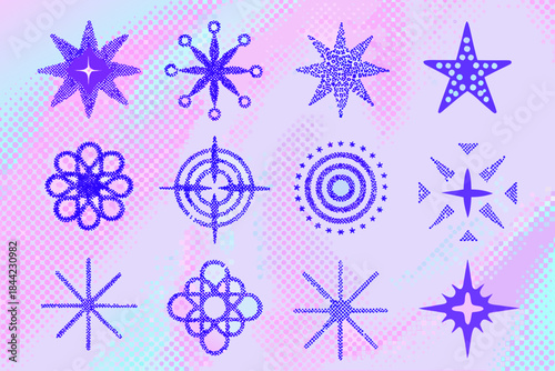 Collection of vibrant blue starbursts and geometric shapes on a pink background