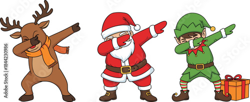 Funny Christmas character illustration set with Santa Claus, reindeer and elf doing dab dance, playful cartoon vector for holiday, party and festive design