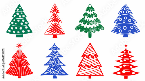 Colorful christmas trees in varying styles and patterns on a white background