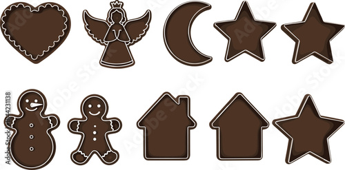 Chocolate gingerbread cookie shape illustration set with stars, hearts and holiday figures, sweet dessert vector collection for Christmas baking and festive design