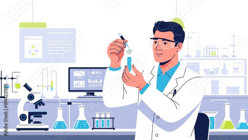 Scientist in laboratory conducting experiment with pipette and test tube modern research and development concept flat vector illus