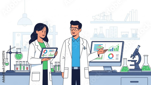 Scientists in lab coats analyzing data on tablet and computer modern research concept with charts and equipment flat vector illust