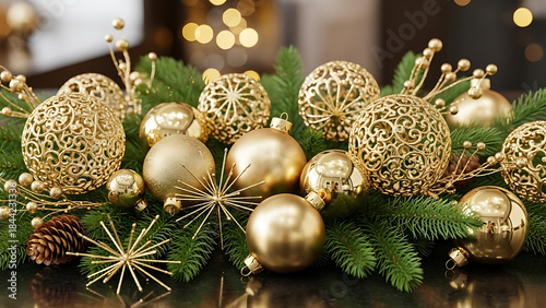 Festive Golden Christmas Ornaments Adorned with Evergreen Branches and Bokeh Lights