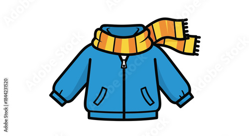 A blue jacket with a striped scarf pockets and zipper against a white background