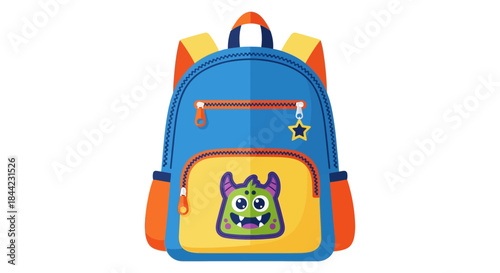 A cartoon backpack with a monster graphic on the front pocket