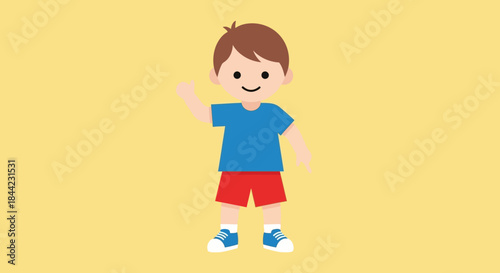 A cartoon child waves wearing a blue shirt red shorts  bluewhite shoes against a yellow background