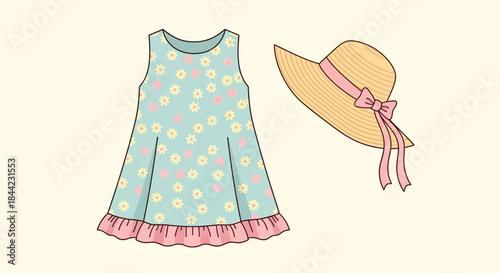 A childs floral dress with a pink ruffled hem sits next to a straw sun hat with a pink bow and ribbon on a beige background