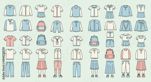 A collection of childrens clothing including shirts skirts pants and backpacks