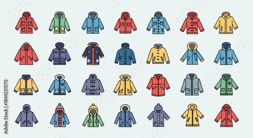 A collection of twentyfour colorful winter coats in rows and columns on a light blue background