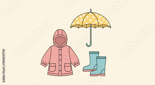 A pink raincoat blue boots and a yellow polkadot umbrella on a cream background