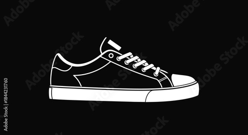 A white sneaker with laces is outlined against a black background