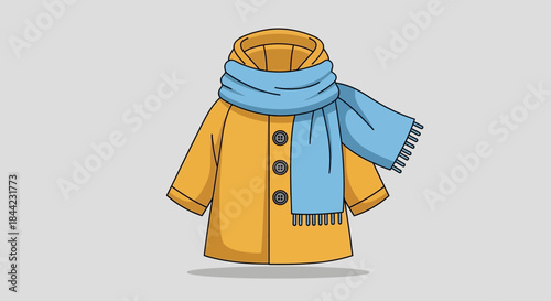 A yellow coat with a blue scarf draped around the neck against a gray background