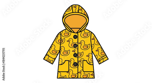 A yellow raincoat adorned with duck designs complete with a hood and black buttons