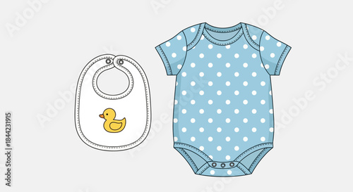 Baby bib w duck  blue polkadotted onesie on a white background