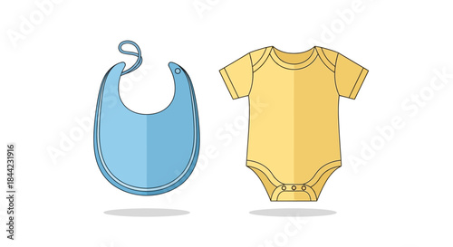 Baby bib in light blue sits next to a shortsleeved baby onesie in gold on a white background with soft shadows