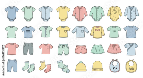 Baby clothes bodysuits shirts pants socks hats and bibs are illustrated in various colors