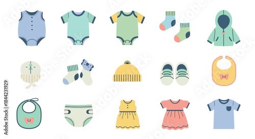 Baby clothes icons onesies bibs socks hats dresses shoes shirts  diapers in pastel colors