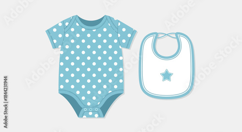 Baby clothes set blue polka dot onesie and bib with blue trim and star on light background