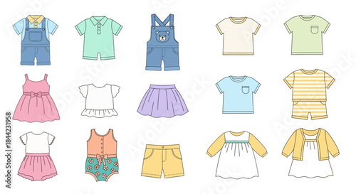 Baby clothing designs showcase assorted apparel tshirts dresses overalls skirts and shorts arranged on a white background