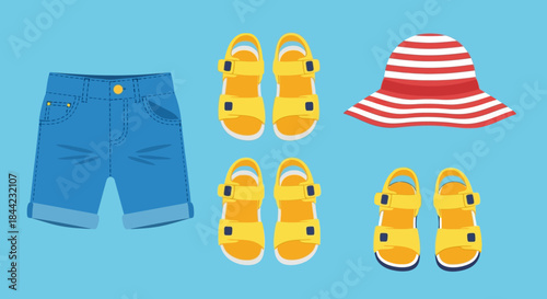 Blue shorts three pairs of yellow sandals and a striped red and white sun hat on a light blue background
