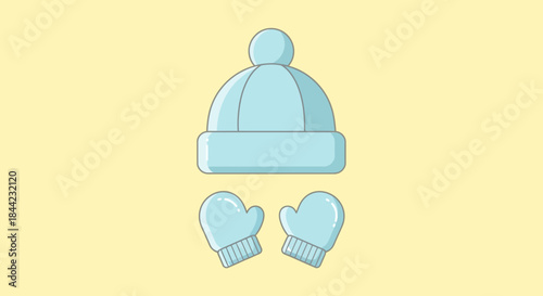 Blue winter hat with pompom and matching mittens on a yellow background