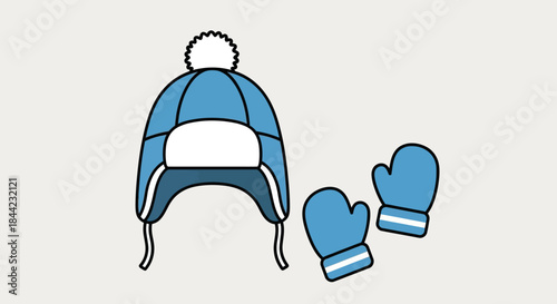Blue winter hat with pompom and matching mittens on a plain background