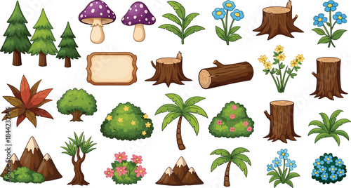 Cartoon forest and nature elements illustration set with trees, plants, flowers, mushrooms and logs, colorful vector collection for game assets and landscape design