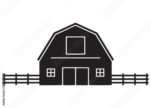 Classic black silhouette of a barn with fence on white background