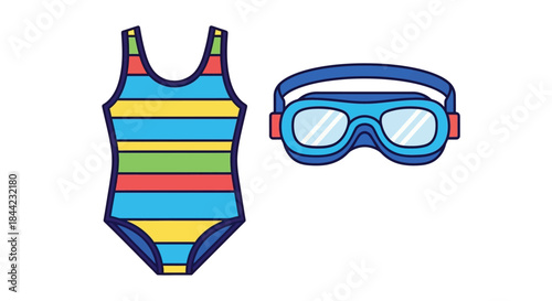 Cartoon image of a swimsuit and goggles against a white background