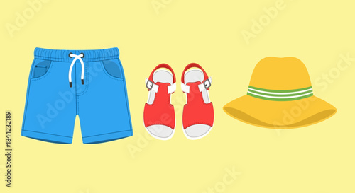 Cartoon image with blue shorts red sandals  yellow hat