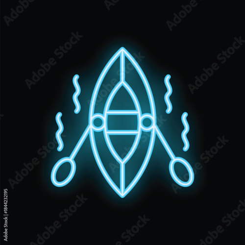 Blue neon sign of a kayak with oars, perfect for any business looking to attract outdoor enthusiasts