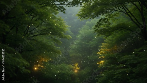 Fototapeta Naklejka Na Ścianę i Meble -  Enchanting forest glow a magical night with fireflies amidst lush green.