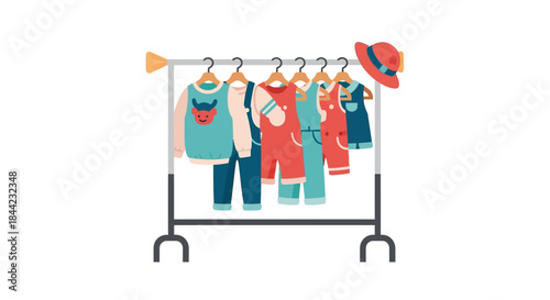 Clothes on a rack garments of varying colors and styles with a red hat on the far right