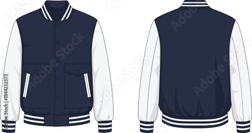 Classic varsity jacket illustration showing front and back views, modern bomber style apparel vector for fashion design, sportswear branding and clothing mockups