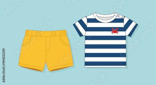 Clothing set yellow shorts and a bluewhite striped shirt with a small red crab design