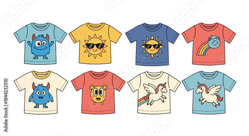 Eight Tshirts are displayed in two rows each adorned with cartoon drawings