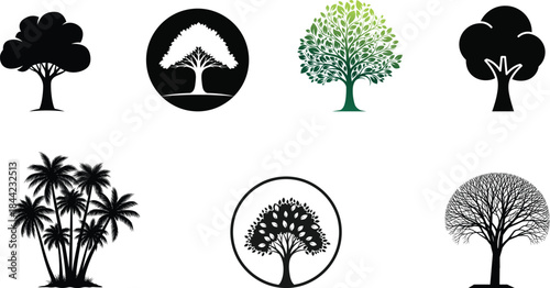 Collection of silhouetted tree shapes and botanical illustrations