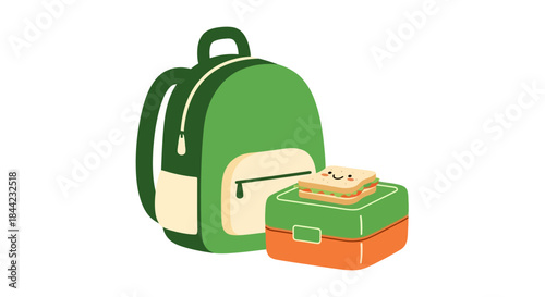 Green backpack with sandwich on greenorange lunchbox